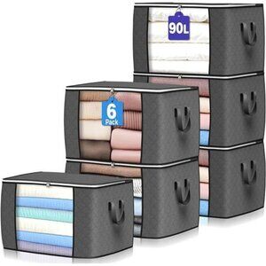 Large Storage Bags 6 Pack Foldable Clothes Organizer Bins with Zippers Gray